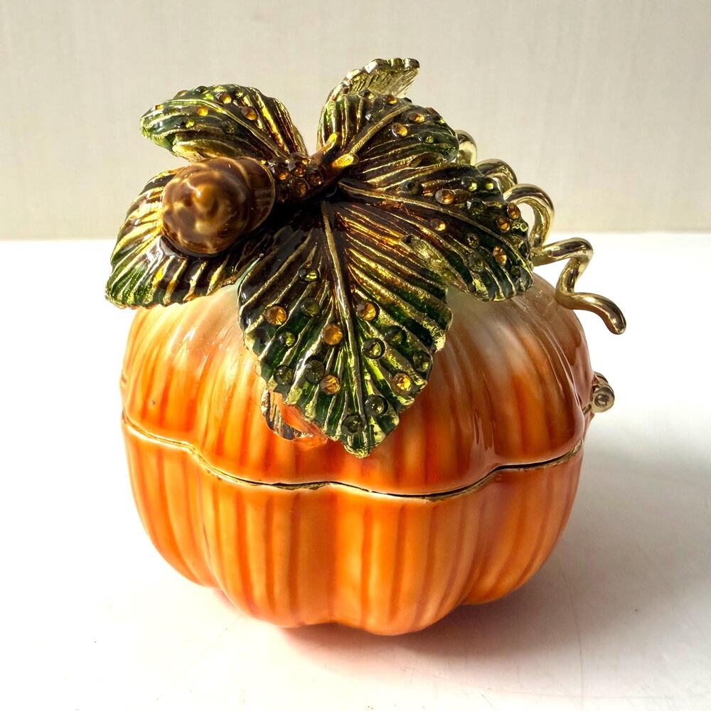 Orange Pumpkin Trinket Box Bejeweled Leaf Enameled Hinged Metal Miniature